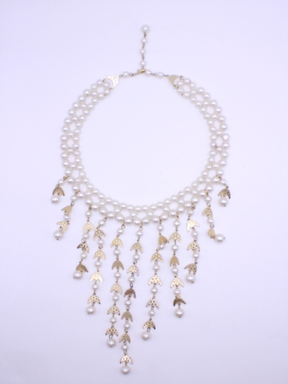 Vintage signed Hong Kong Gold tone and faux Pearl Dangle Bib Necklace